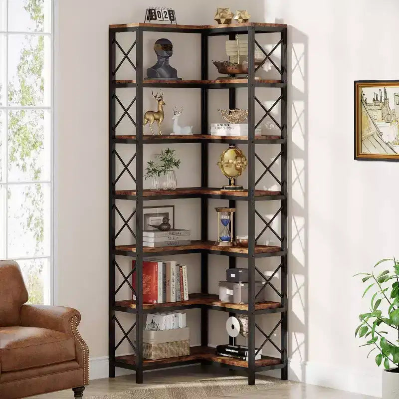 LITTLE TREE 66.74" 7 Tier Corner Bookshelf Brown