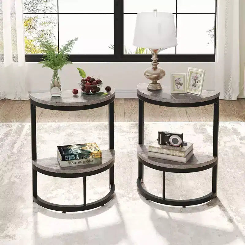 Table d'appoint demi-cercle à 2 niveaux Gris/Noir