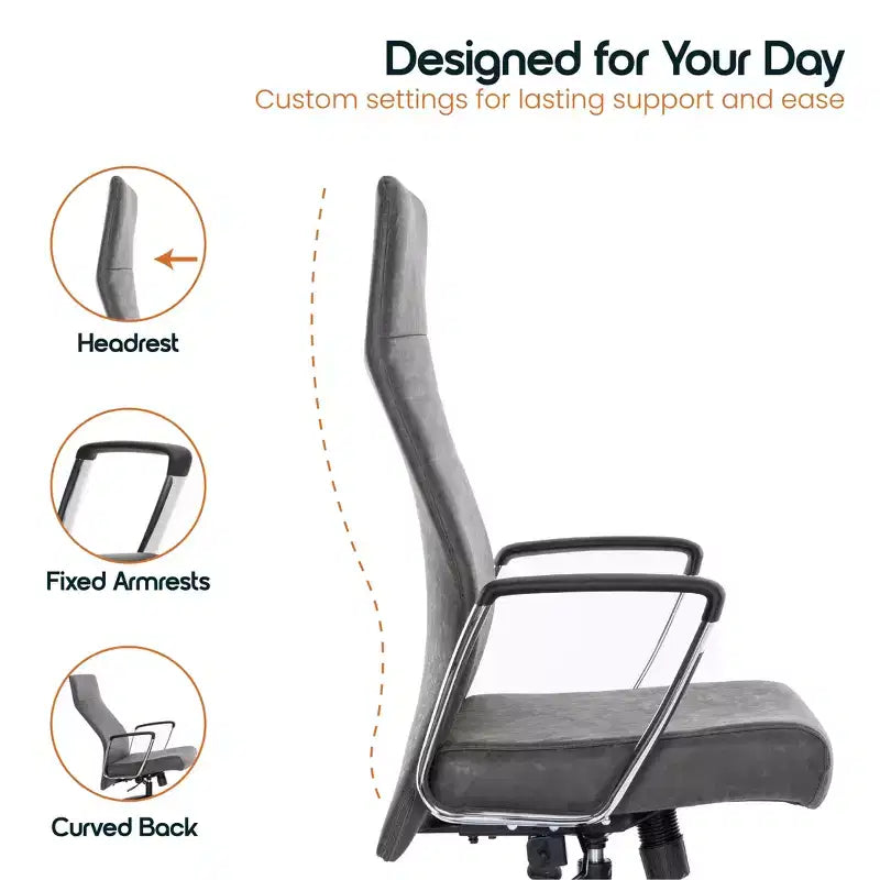 Fauteuil de bureau à dossier haut en cuir nervuré - Pivotant avec cadre en acier robuste