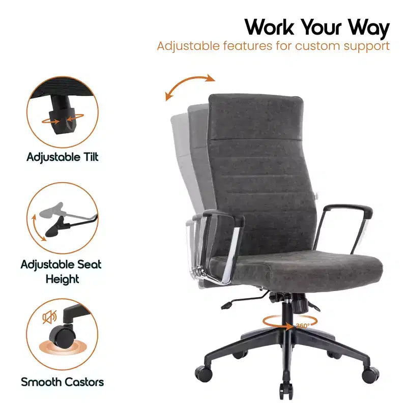 Fauteuil de bureau à dossier haut en cuir nervuré - Pivotant avec cadre en acier robuste