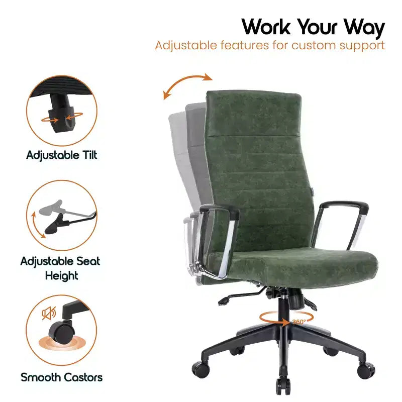 Fauteuil de bureau à dossier haut en cuir nervuré - Pivotant avec cadre en acier robuste