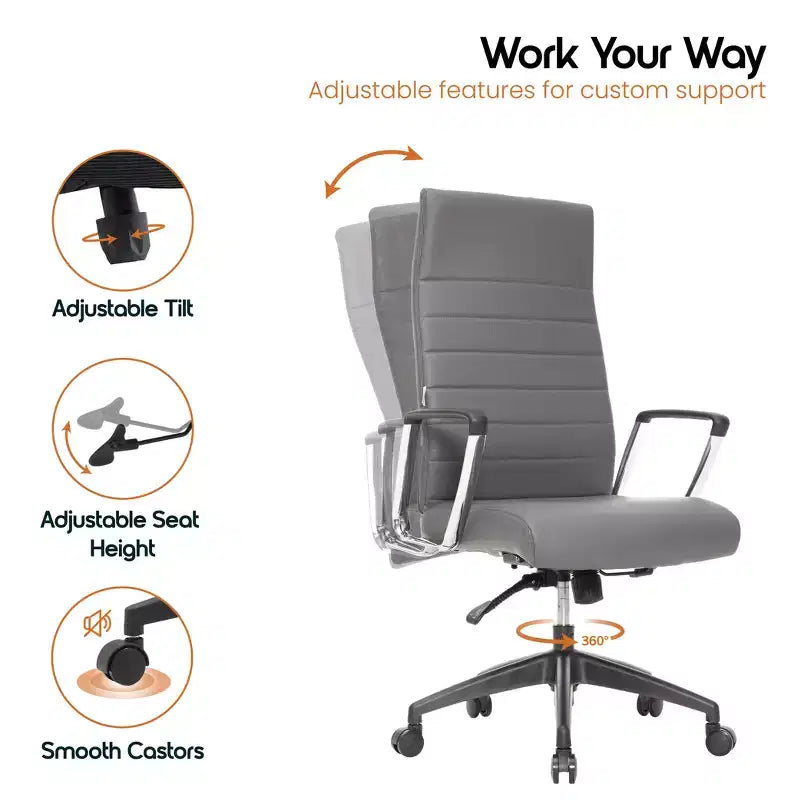 Fauteuil de bureau à dossier haut en cuir nervuré - Pivotant avec cadre en acier robuste