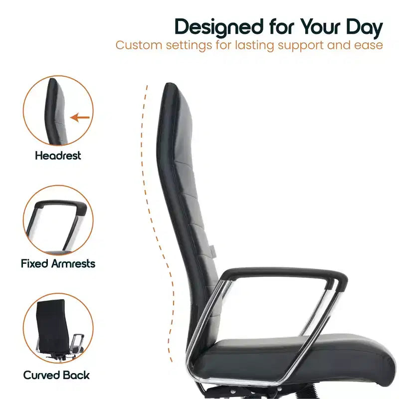 Fauteuil de bureau à dossier haut en cuir nervuré - Pivotant avec cadre en acier robuste