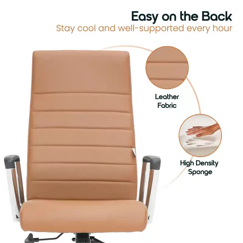 Fauteuil de bureau à dossier haut en cuir nervuré - Pivotant avec cadre en acier robuste