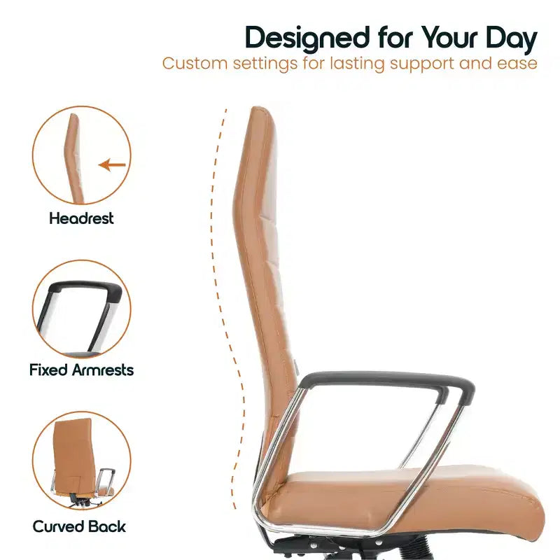 Fauteuil de bureau à dossier haut en cuir nervuré - Pivotant avec cadre en acier robuste