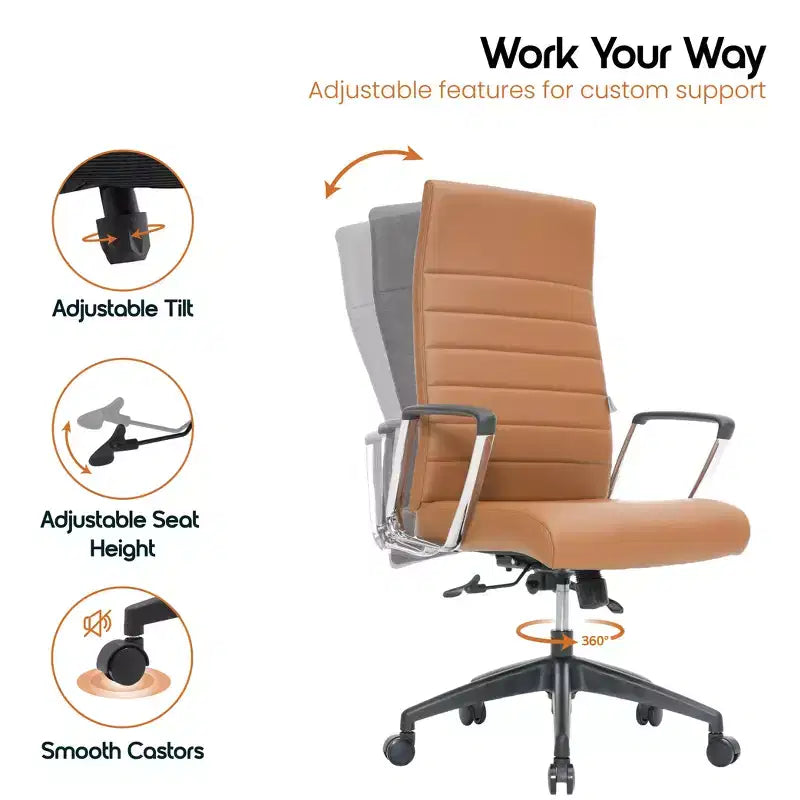 Fauteuil de bureau à dossier haut en cuir nervuré - Pivotant avec cadre en acier robuste