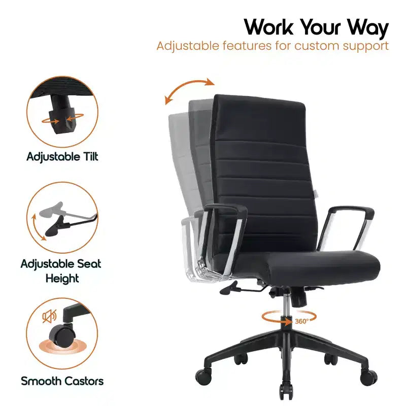 Fauteuil de bureau à dossier haut en cuir nervuré - Pivotant avec cadre en acier robuste
