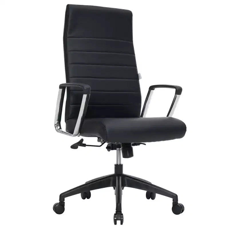 LeisureMod Hilton High-Back Ribbed Leather Office Chair - Heavy-Duty Steel Frame Swivel & Tilt - Modern Executive Desk Chair