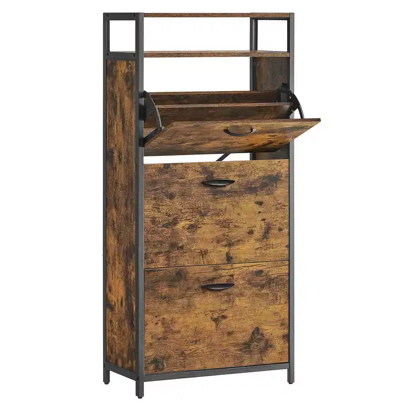 VASAGLE Shoe Cabinet with 3 Flip Doors Storage Rack with Open Compartment Internal Dividers for 15-18 Pairs of Shoes Rustic Brown and Black