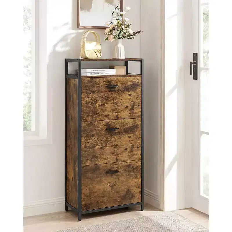 Meuble à chaussures avec 3 portes basculantes, étagère de rangement avec compartiment ouvert