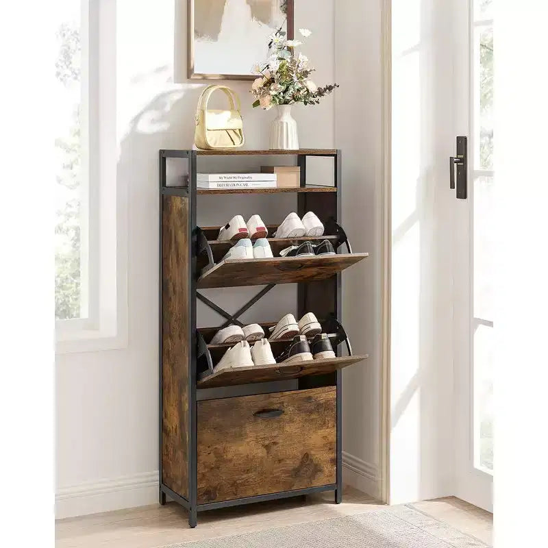 Meuble à chaussures avec 3 portes basculantes, étagère de rangement avec compartiment ouvert