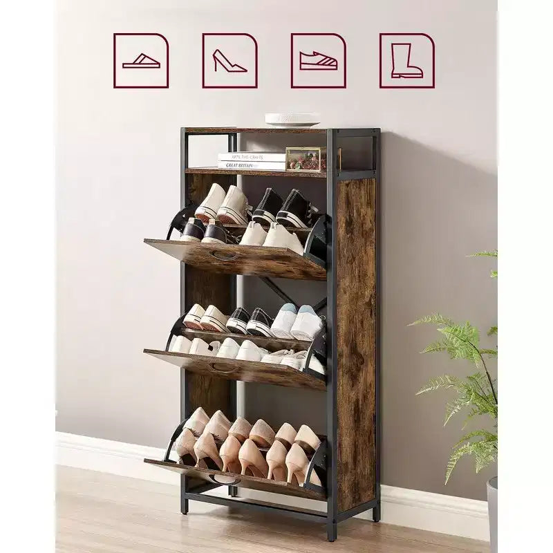 Meuble à chaussures avec 3 portes basculantes, étagère de rangement avec compartiment ouvert