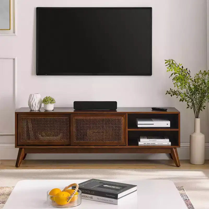Modern Rattan TV Stand For TV Up To 65 Inch Entertainment Center Media Console Cabinet With Sliding Door abstract brown 59in 4.92ft