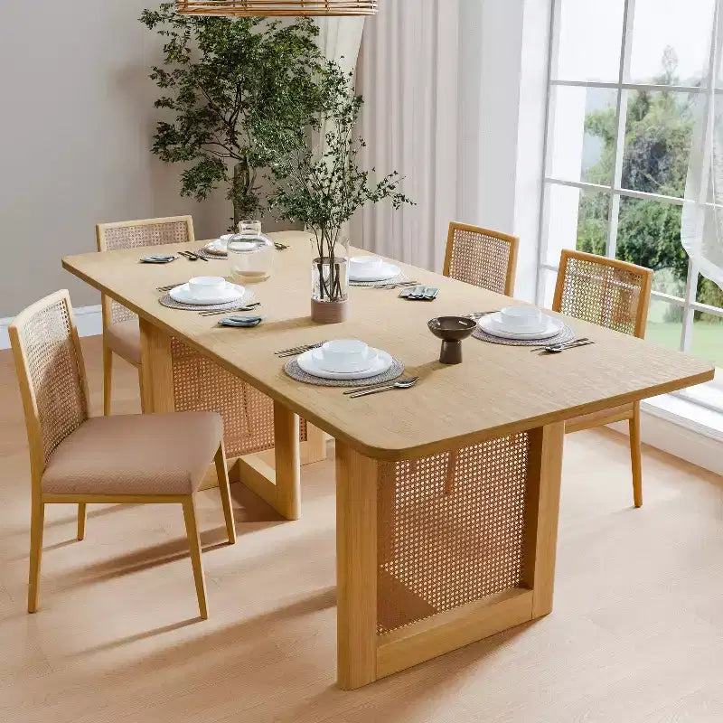 Table à manger rectangulaire en bois Mid-Century, table de cuisine en rotin