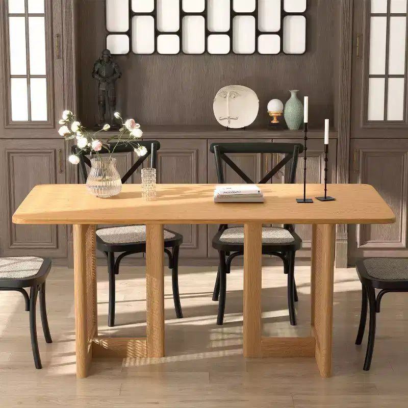 Table à manger rectangulaire en bois Mid-Century, table de cuisine en rotin