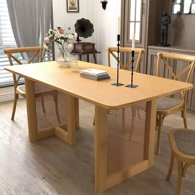 Table à manger rectangulaire en bois Mid-Century, table de cuisine en rotin