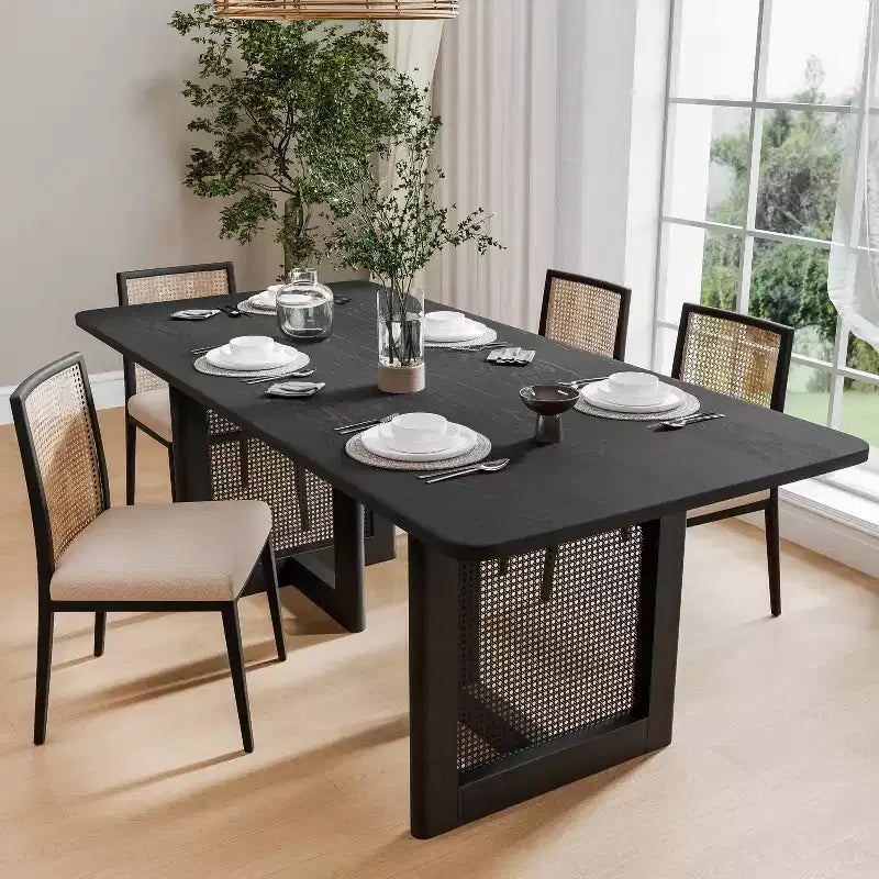 Table à manger rectangulaire en bois Mid-Century, table de cuisine en rotin
