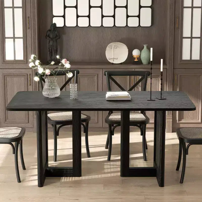 Table à manger rectangulaire en bois Mid-Century, table de cuisine en rotin