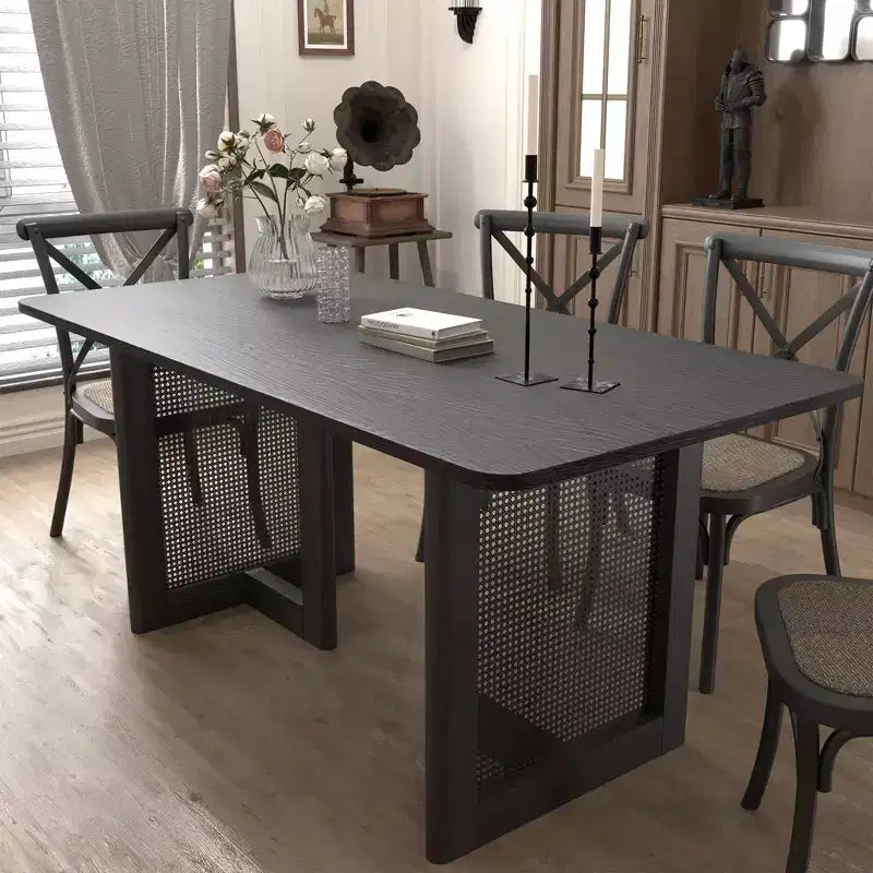 Table à manger rectangulaire en bois Mid-Century, table de cuisine en rotin