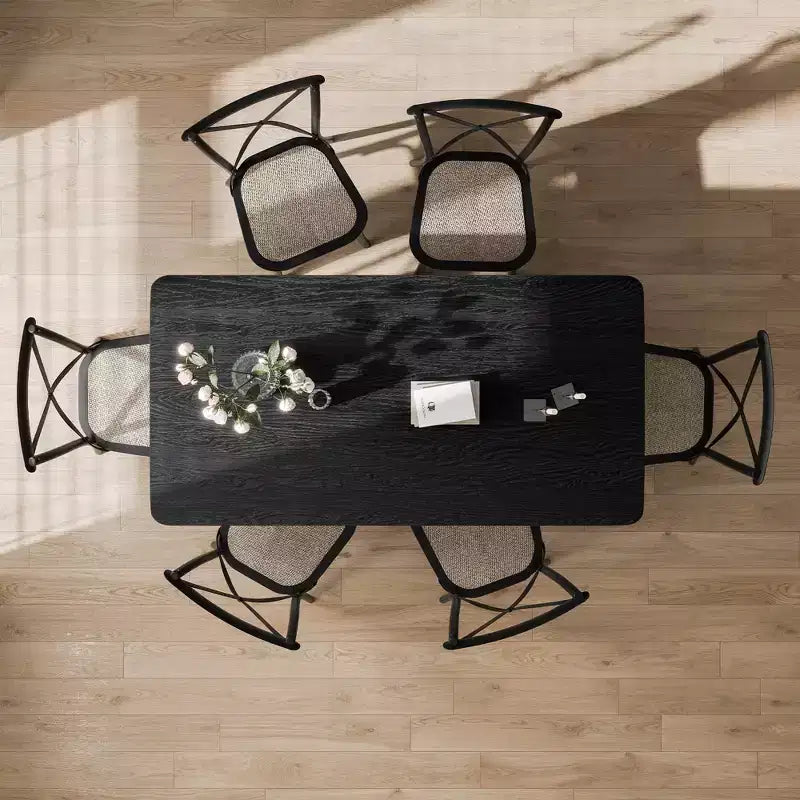 Table à manger rectangulaire en bois Mid-Century, table de cuisine en rotin