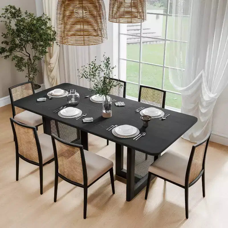 Dovelina Mid-Century Rectangle Wood Dining Table Rattan Kitchen Table Set 6 People - 67