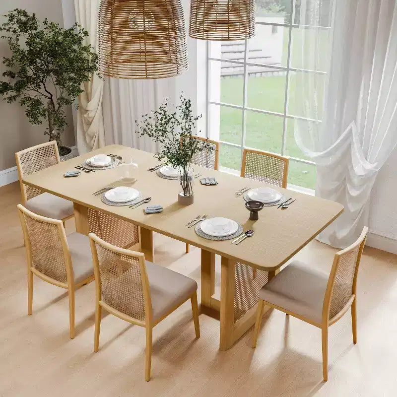 Table à manger rectangulaire en bois Mid-Century, table de cuisine en rotin