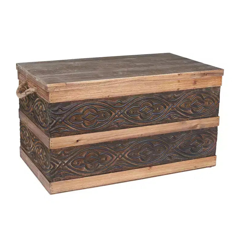 Household Essentials Decorative Trunk Embossed Metal Large Walnut and Almond Stain