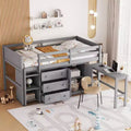 Twin Size Bed Frame Solid Wood Low Loft Bed Frame With Pull-Out Desk Drawers Cabinet Shelves Twin Size Low Loft Bed For Kids Teens Boys Girls