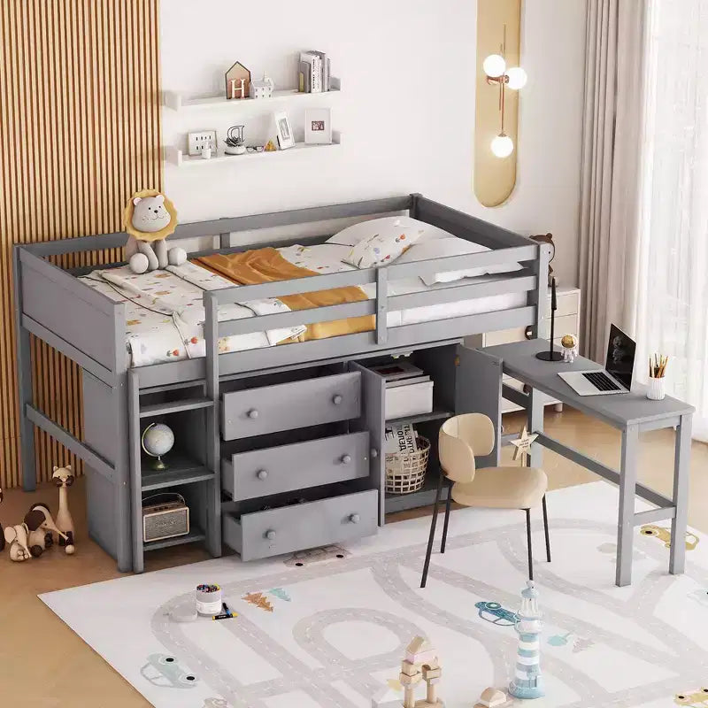 Twin Size Bed Frame Solid Wood Low Loft Bed Frame With Pull-Out Desk Drawers Cabinet Shelves Twin Size Low Loft Bed For Kids Teens Boys Girls