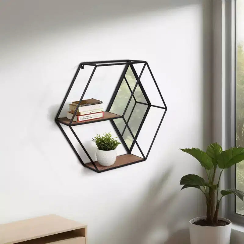 Sagebrook Home 20 Hexagon Mirror Wall Shelf - Contemporary Metal and Wood Black Rustic Mounted Wall Shelf for Home or Office Decor