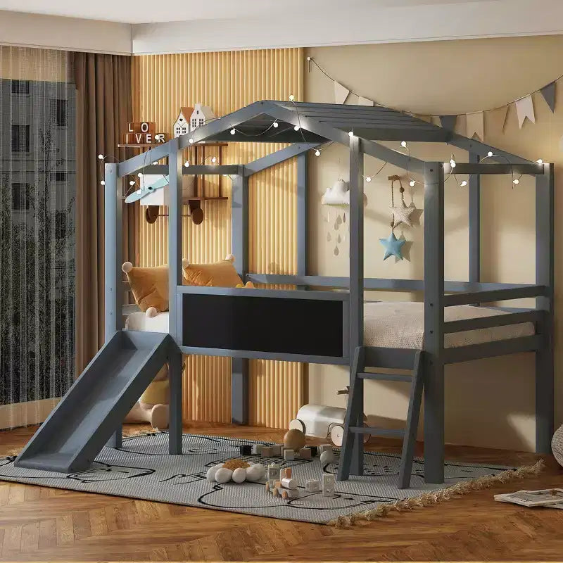 Lit mezzanine double en bois avec échelle