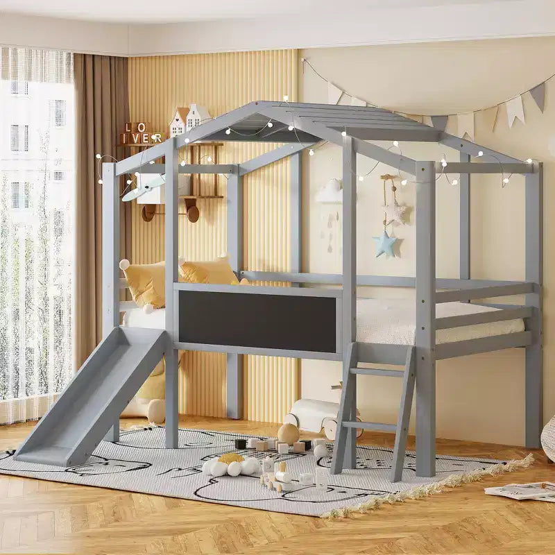 Twin Size Wooden Loft Bed with Ladder and Slide House-shaped Bed with Blackboard and Light Strip on the Roof 4S -ModernLuxe
