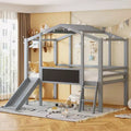 Twin Size Wooden Loft Bed with Ladder and Slide House-shaped Bed with Blackboard and Light Strip on the Roof 4S -ModernLuxe