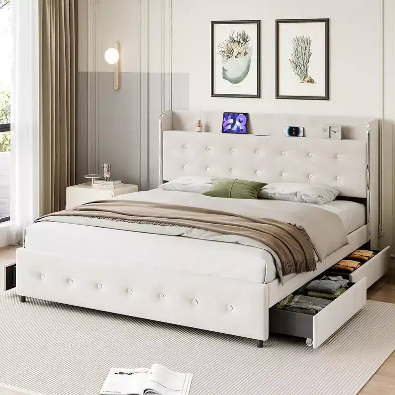 Whizmax Bed Frame Upholstered Platform Bed Frame with Trundle and 4 Storage Drawers Bed Frame with Diamond Tufted Headboard No Box Spring Needed