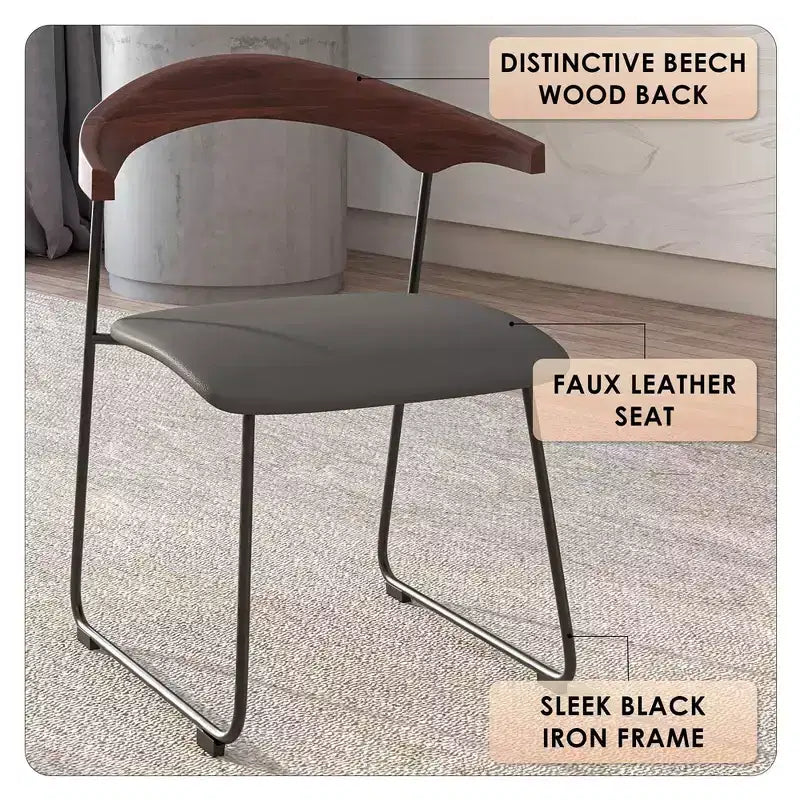 Lot de 2 chaises de salle à manger modernes rembourrées, assise en cuir et dossier en hêtre