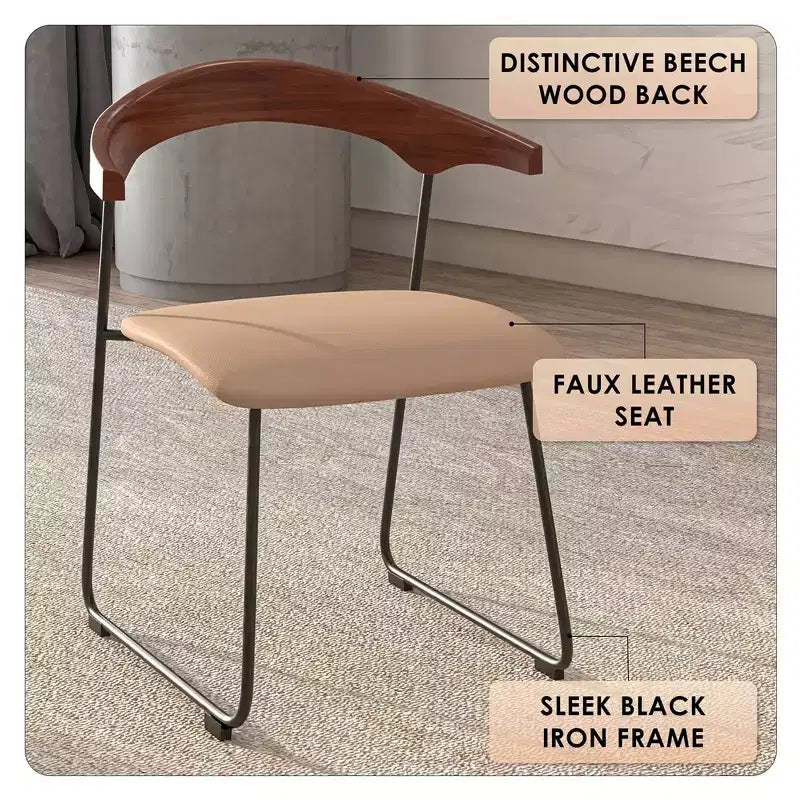 Lot de 2 chaises de salle à manger modernes rembourrées, assise en cuir et dossier en hêtre