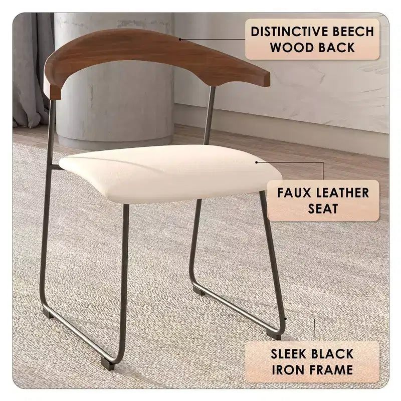 Lot de 2 chaises de salle à manger modernes rembourrées, assise en cuir et dossier en hêtre