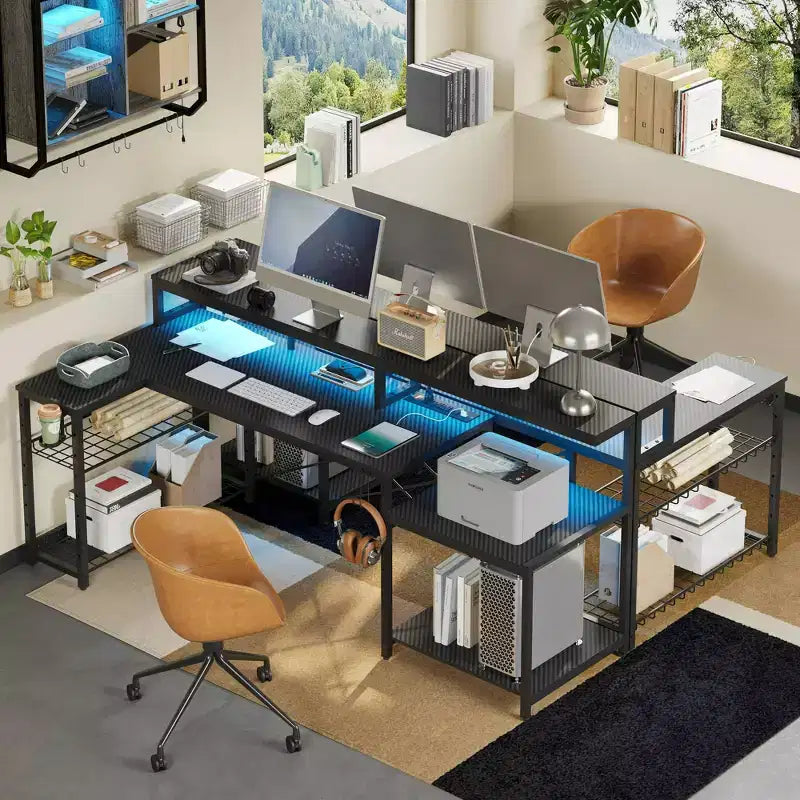 Bureau de jeu LED de 71,5 pouces avec prise de courant, bureau d'ordinateur en L