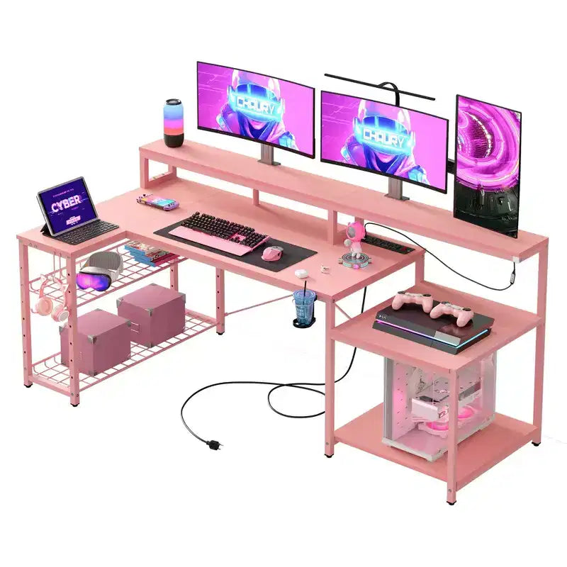 Bureau de jeu LED de 71,5 pouces avec prise de courant, bureau d'ordinateur en L
