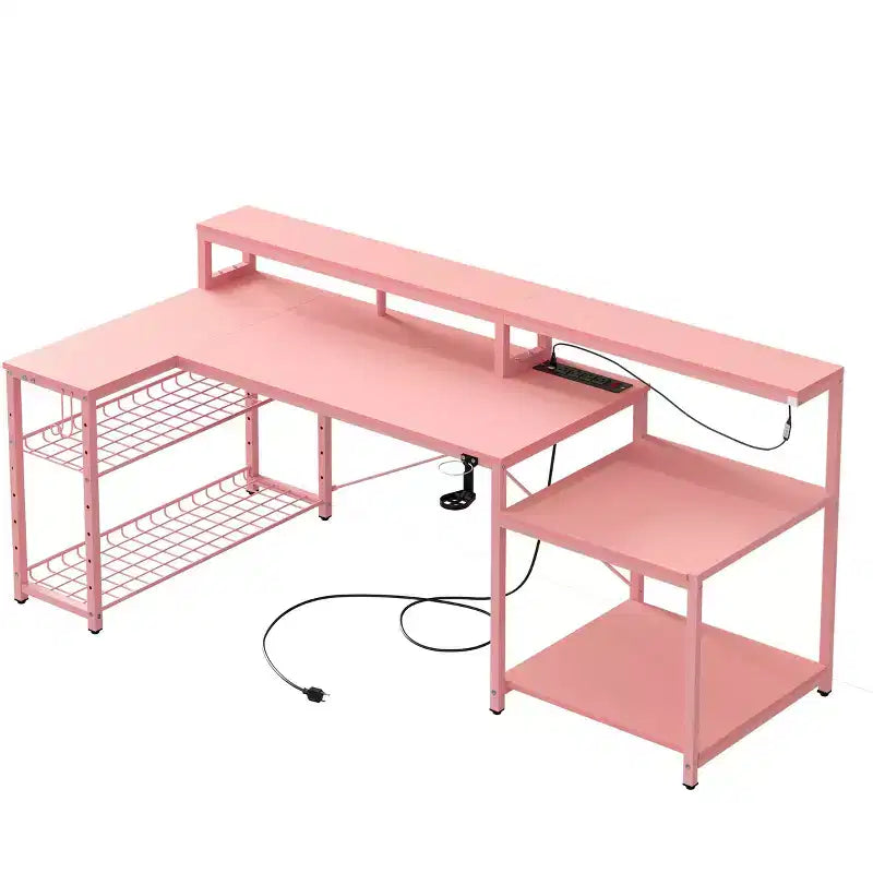 Bureau de jeu LED de 71,5 pouces avec prise de courant, bureau d'ordinateur en L