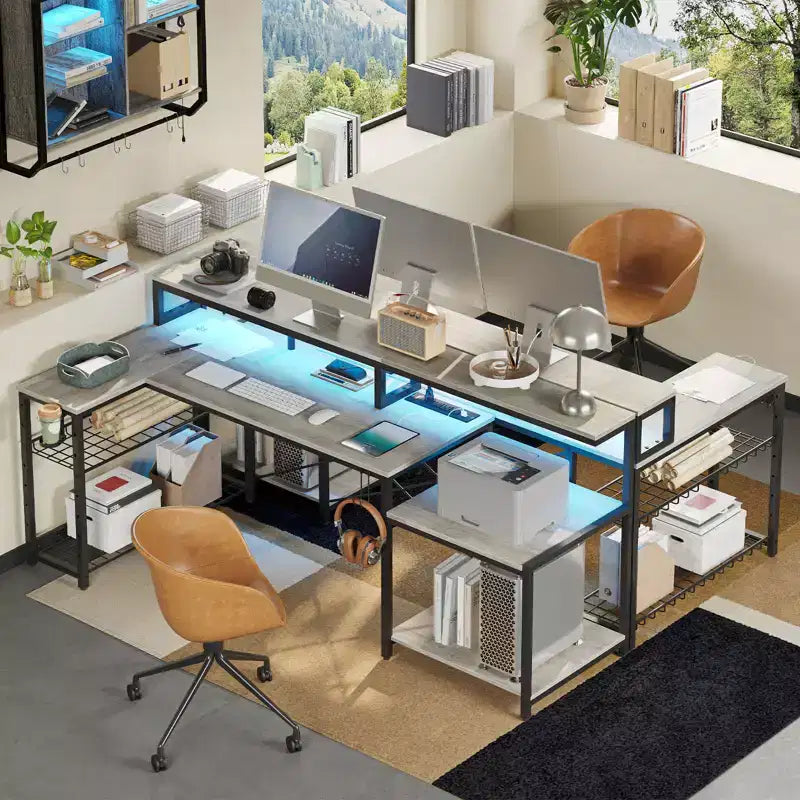 Bureau de jeu LED de 71,5 pouces avec prise de courant, bureau d'ordinateur en L