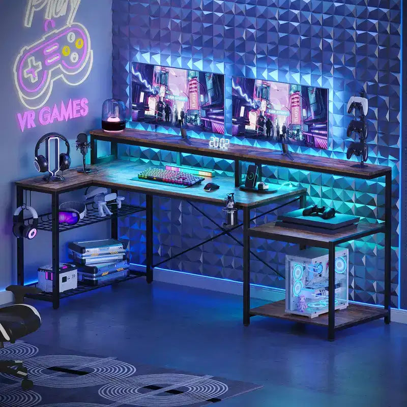 Bureau de jeu LED de 71,5 pouces avec prise de courant, bureau d'ordinateur en L
