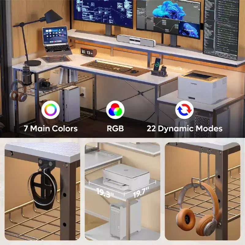 Bureau de jeu LED de 71,5 pouces avec prise de courant, bureau d'ordinateur en L
