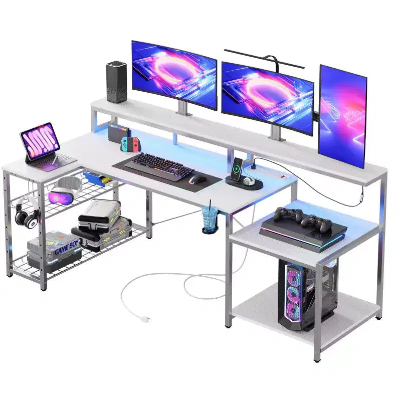 Bureau de jeu LED de 71,5 pouces avec prise de courant, bureau d'ordinateur en L