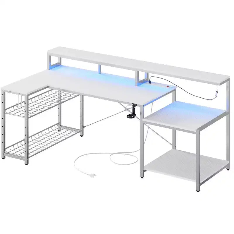 Bureau de jeu LED de 71,5 pouces avec prise de courant, bureau d'ordinateur en L