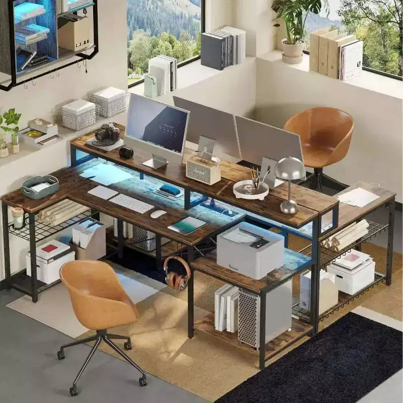 Bureau de jeu LED de 71,5 pouces avec prise de courant, bureau d'ordinateur en L