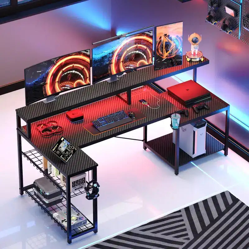 Bestier 71.5 LED Gaming Desk with Power Outlet L-Shaped Computer Desk with Monitor Stand