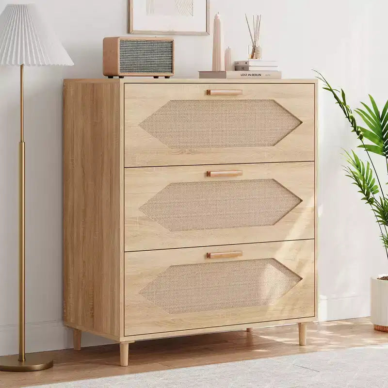 Garvee 3 Drawer Dresser for Bedroom Rattan Front Chest of Drawers Rustic Wood Nightstand Storage for Living Room Hallway