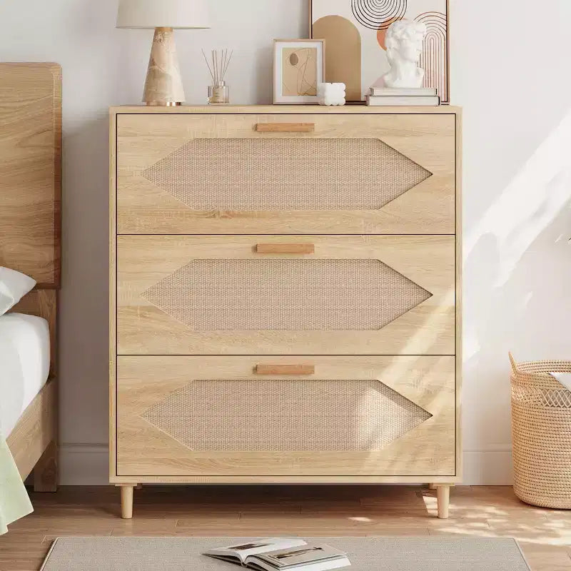 Commode à 3 tiroirs avec façade en rotin pour chambre à coucher