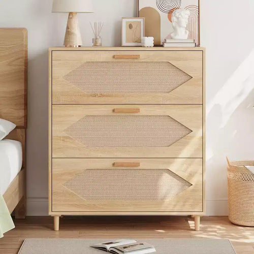 Commode à 3 tiroirs avec façade en rotin pour chambre à coucher